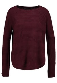 Burgundy sweater with a ribbed texture, round neckline, and long sleeves. Features horizontal stripes and a slightly curved hem.