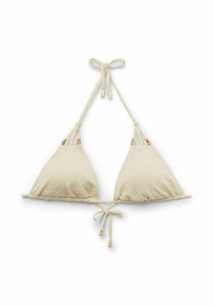 Trojúhelníkový bikiny top s krémovou texturou, se zapínáním za krkem a na zádech, s ozdobami z zlatých korálků na ramínkách.