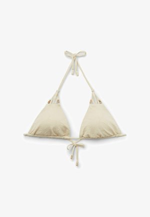 Trojúhelníkový bikiny top s krémovou texturou, se zapínáním za krkem a na zádech, s ozdobami z zlatých korálků na ramínkách.