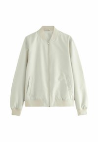 Lys beige bomberjakke med frontlynlås, ribstrikkede manchetter og kant samt to sidelommer. Glat stof med et minimalistisk design.