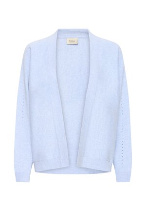 Cardigan bleu deschis cu față deschisă, realizat din material moale, cu detalii subtile striate pe mâneci și croială lejeră.
