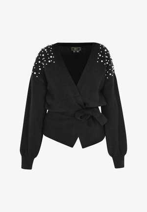 Black cardigan with a wrap design, long sleeves, and a front tie. Features pearl accents on shoulders and a textured knit fabric.