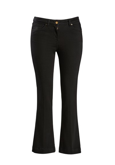 Črne zvonaste jeans hlače iz mešanice bombaža. Imajo sprednje zapiranje na gumb, pet žepov in gladko teksturo.