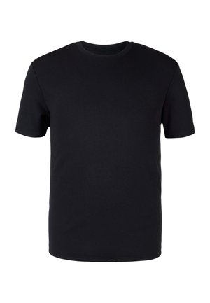 T-shirt noir à manches courtes avec un col rond, texture lisse et unie, présenté sur fond blanc.