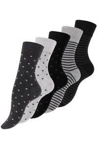 Fünf Paar Socken in Grau- und Schwarztönen. Die Muster umfassen gepunktete und gestreifte Designs. Hergestellt aus weichem, strukturiertem Stoff mit gerippten Bündchen.