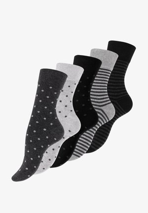Five pairs of socks in shades of gray and black. Patterns include polka dots and stripes. Made of soft, textured fabric with ribbed cuffs.