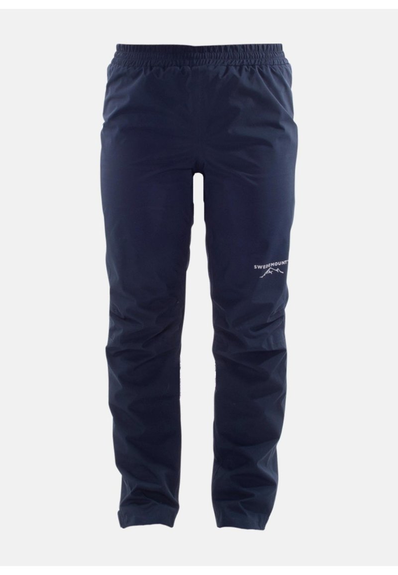 Navy waterdichte buitensportbroek met een elastische tailleband, een soepele textuur en logo-detail nabij het onderbeen. Ontworpen voor actieve toepassingen.