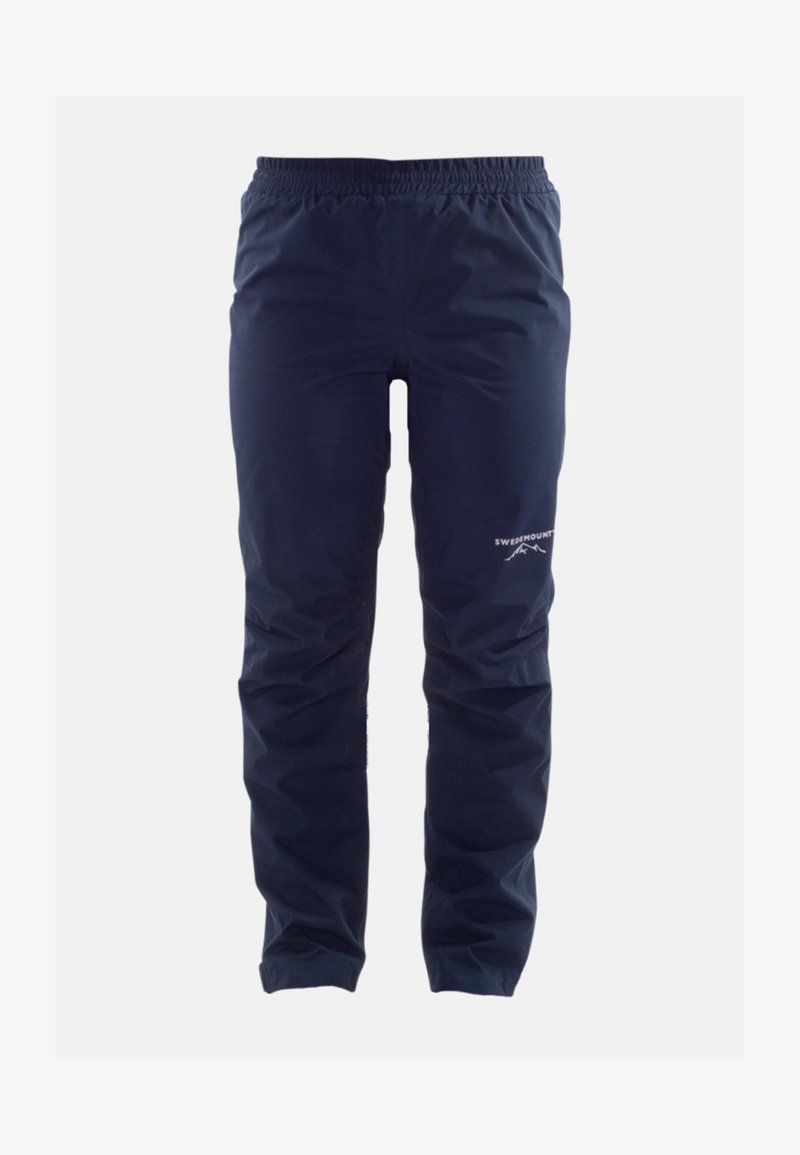 Navy waterdichte buitensportbroek met een elastische tailleband, een soepele textuur en logo-detail nabij het onderbeen. Ontworpen voor actieve toepassingen.