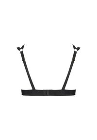 Bralette noir avec bretelles réglables, fabriqué en tissu lisse. Présente une fermeture à crochets et un design minimaliste avec des accents en Y sur les bretelles.