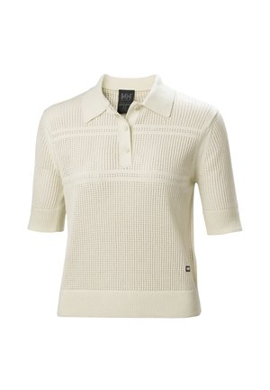 Korte mouwen, lichtromige polo met een gestructureerd breipatroon, een platte kraag en drie knopen bij de halslijn. Etiket zichtbaar aan de zijkant.