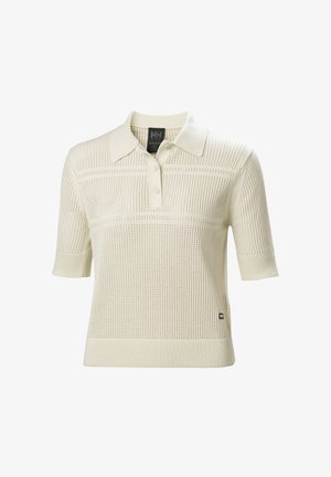 Polo tričko s krátkým rukávem v světlé krémové barvě s texturovaným pleteným vzorem, s plochým límcem a třemi knoflíky u výstřihu. Visačka viditelná na boku.