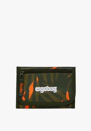 Folded green and orange camo wallet with "ergobag" logo embroidered in white and a zippered pocket on the front.