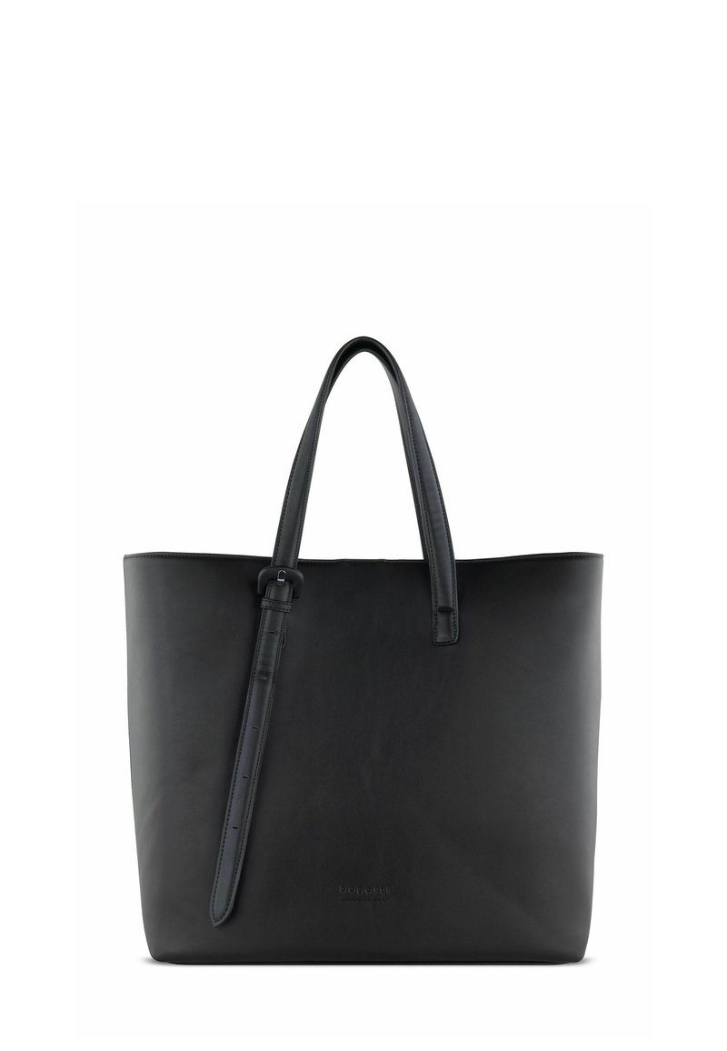 Borsa a tote nera in pelle con doppi manici, forma strutturata, superficie liscia e design minimalista. Dotata di una tracolla rimovibile.