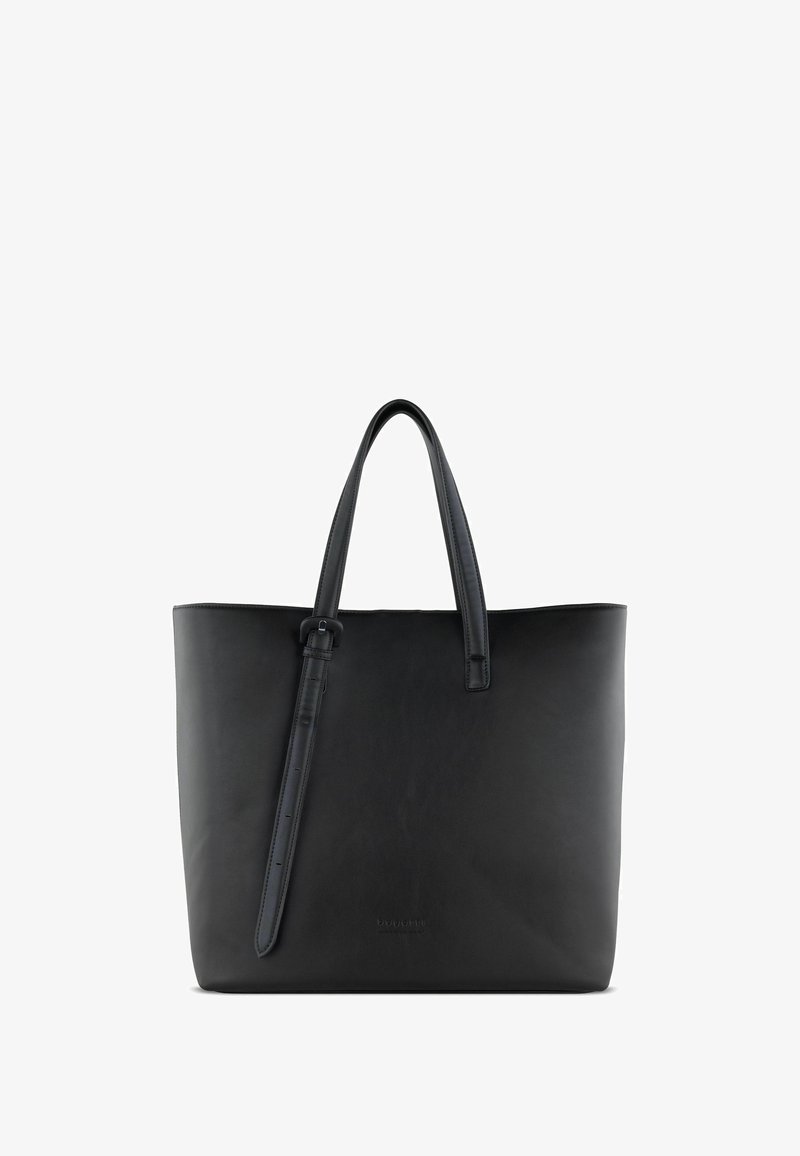 Zwarte leren schoudertas met dubbele handvatten, gestructureerde vorm, gladde textuur en minimalistisch ontwerp. Bevat een afneembare schouderband.