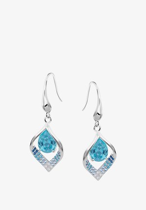 Boucles d'oreilles en forme de goutte d'eau avec des pierres précieuses bleu clair dans un cadre en argent, ornées de petites pierres bleues et claires, en forme de feuille.