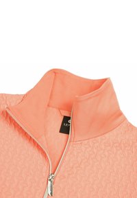 Licht koraalkleurige zip-up jas met een gestructureerd patroon, een opstaande kraag en een zilveren rits. De voering is soepel, met een merklabel aan de binnenkant.