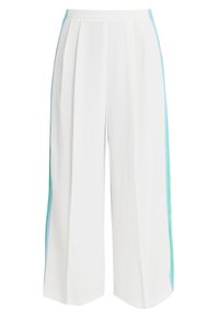 Pantalon blanc à jambes larges avec des plis. Présente des rayures latérales bleues et vertes. Confectionné en tissu léger à texture lisse.
