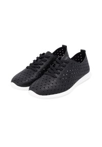 Black perforated sneakers with a lace-up design, featuring a textured pattern and a white rubber sole for contrast.
