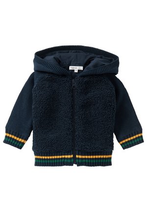 Granatowa bluza dziecięca z kapturem, z teksturowanym przodem, zamkiem błyskawicznym, kapturem oraz zielono-żółtymi paskowanymi mankietami i dołem.