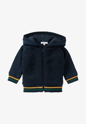 Navy blue baby hoodie with textured front, zipper closure, hood, and green-yellow striped cuffs and hem.