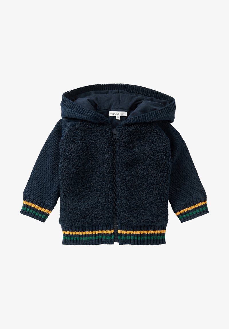 Sweat à capuche pour bébé bleu marine avec avant texturé, fermeture éclair, capuche et poignets et ourlet rayés vert-jaune.