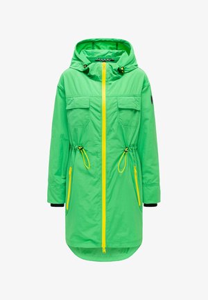 Parka verde brillante con cappuccio, cerniera gialla, cordini regolabili in vita, tasche sul petto con patta e tasche laterali con cerniera.