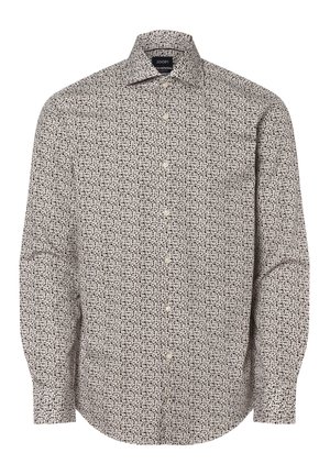 Chemise blanche à manches longues avec boutons, motif abstrait noir et gris, col pointu et coupe cintrée.