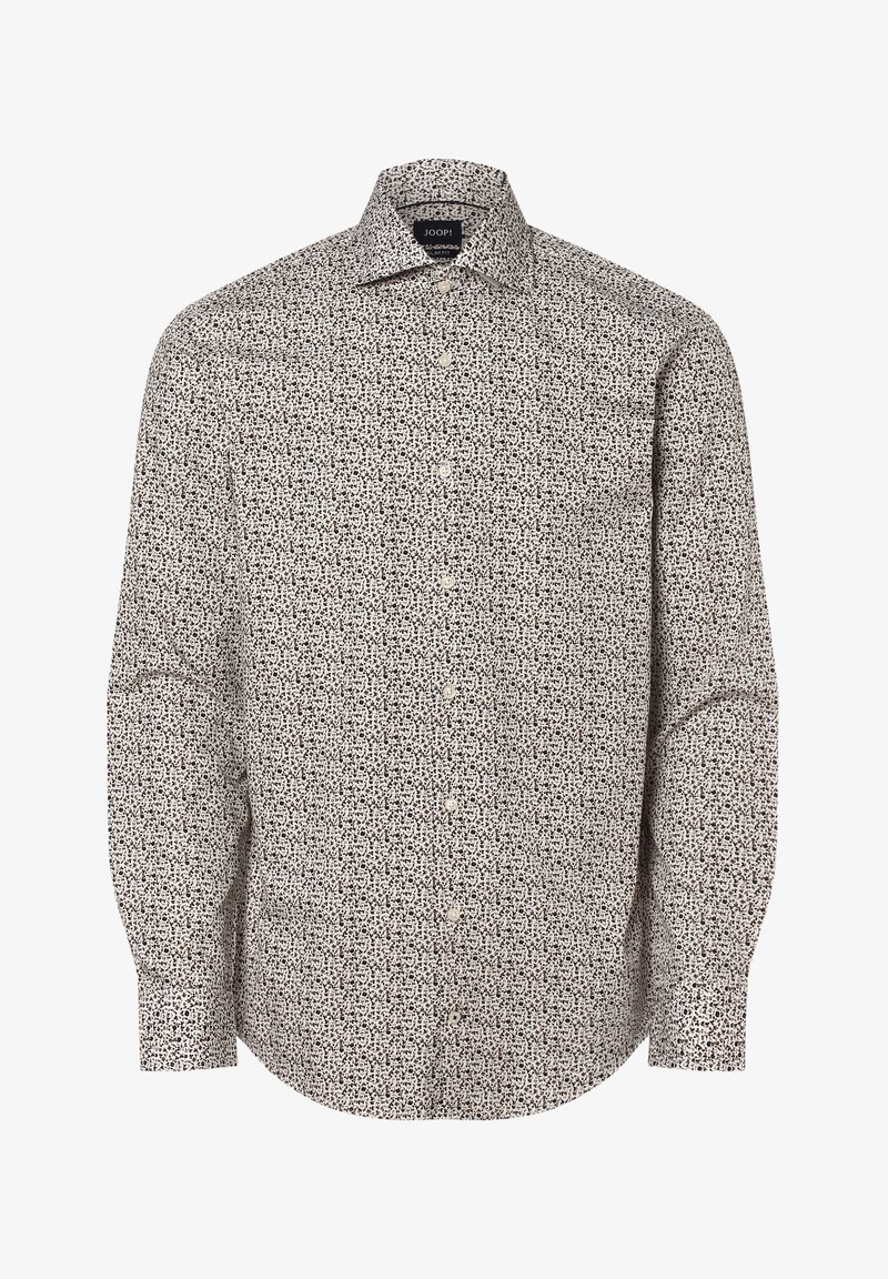 Chemise blanche à manches longues avec boutons, motif abstrait noir et gris, col pointu et coupe cintrée.