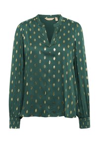Blusa verde con motivo a pois dorati, scollo a V, polsini elasticizzati e tessuto morbido e lucido. Leggera, con maniche lunghe e vestibilità comoda.