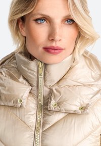 Beige Daunenjacke mit hohem Kragen, ausgestattet mit einem goldenen Reißverschluss und Druckknöpfen. Das Material ist glänzend und im Zickzackmuster gesteppt.