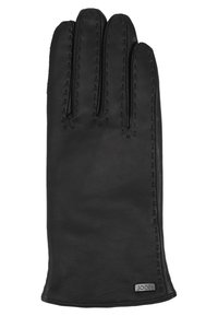 Black leather glove with three fingers, featuring contrasting tan stitching along the edges and a small silver logo tag at the wrist.
