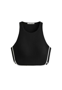 Zwart sporttopje met een hoge halslijn en brede armopeningen. Voorzien van contrasterende witte bies langs de zijkanten. Gladde, rekbare stof.