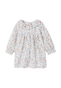 Weißes Baby-Kleid mit langen Ärmeln und einem floralem Muster in Pink, Orange und Blau, mit Rüsche am Kragen und gerafftem Taillenbereich.