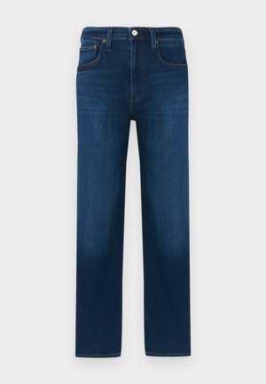 Calças de ganga azul escuro com corte direito, apresentando fecho de correr, cinco bolsos e costuras contrastantes em toda a peça.