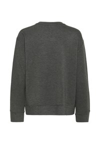 Temno siva dolga majica s krožnim izrezom in rebrastimi manšetami ter obodom, prikazana s hrbtne strani na beli podlagi.