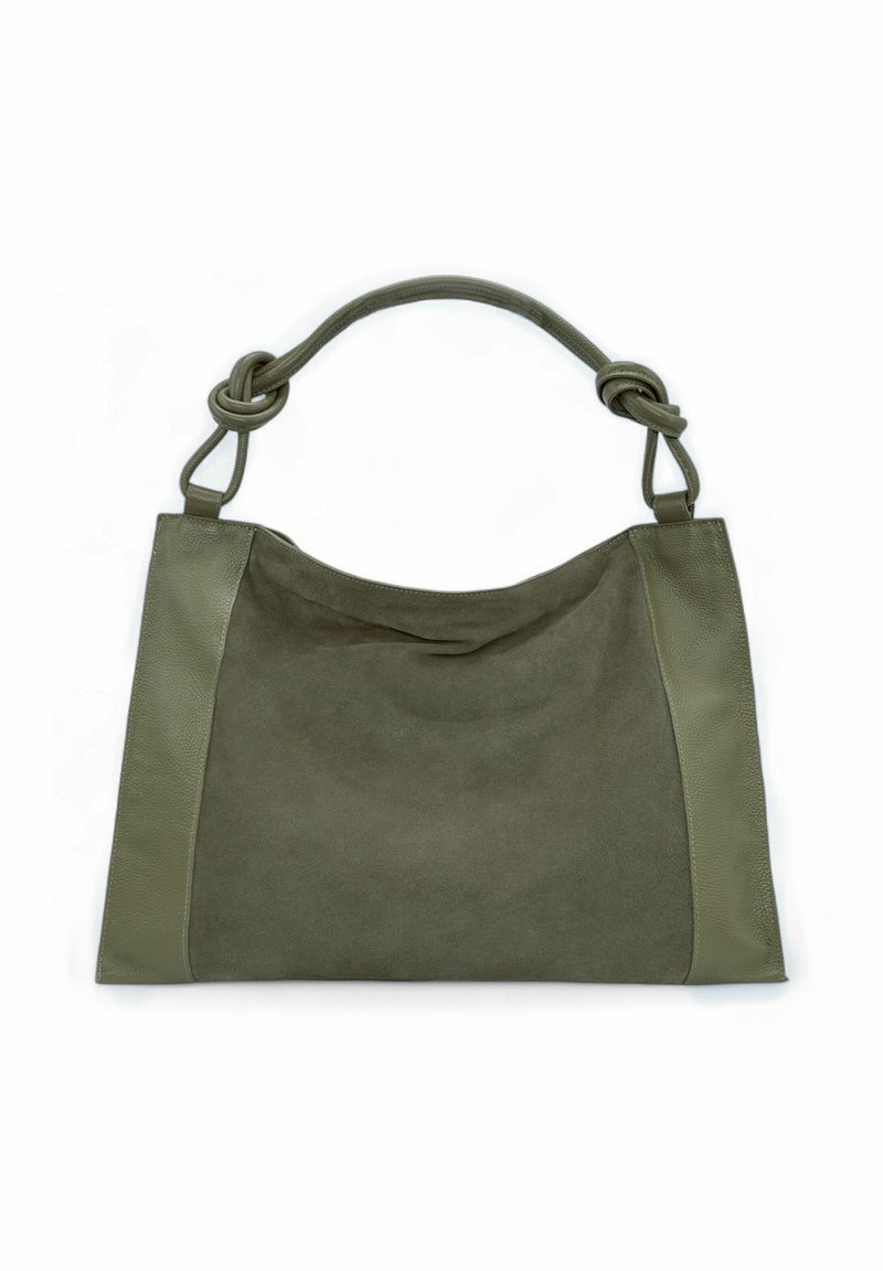 Sac en toile vert olive présentant un mélange de suède et de cuir, avec une anse nouée et une silhouette douce et décontractée.