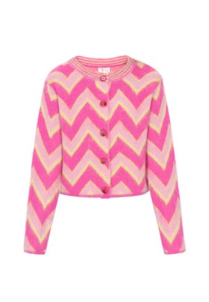 Rozā un dzeltenā zigzaga raksta kardigans, kas izgatavots no mīksta materiāla, ar apaļu kaklu, garām piedurknēm un rozā pogām priekšā.