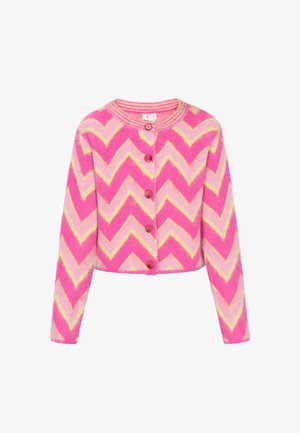 Różowo-żółty kardigan w zygzakowy wzór, wykonany z miękkiego materiału, z okrągłym dekoltem, długimi rękawami i różowymi guzikami z przodu.