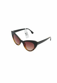 Svarta och sköldpaddsmönstrade kattöga-solglasögon med gradientbruna linser. Plastram med en snygg, vinklad design och fastsatt CE-märkning.
