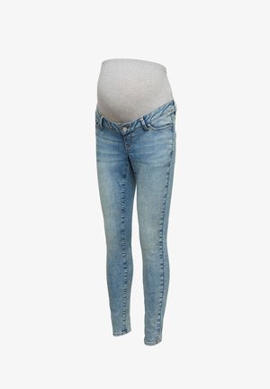 Light blue maternity jeans with a stretchy gray belly panel, designed for comfort and fit during pregnancy.