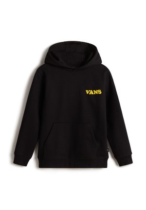 Sweat à capuche Vans noir avec logo jaune sur la poitrine, poche kangourou à l'avant et manches longues, présenté sur un fond blanc.
