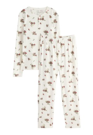 Floral pajama set in white, featuring a long-sleeve top with a henley neck and pants with an elastic waistband. Print includes red flowers and green leaves.