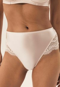 White high-waisted underwear with a smooth satin finish and lace trim along the sides, featuring a scalloped edge detail.