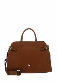 Sac à main en cuir marron avec une surface texturée, deux poignées, une bandoulière amovible, des garnitures en argent et un petit logo sur le devant.