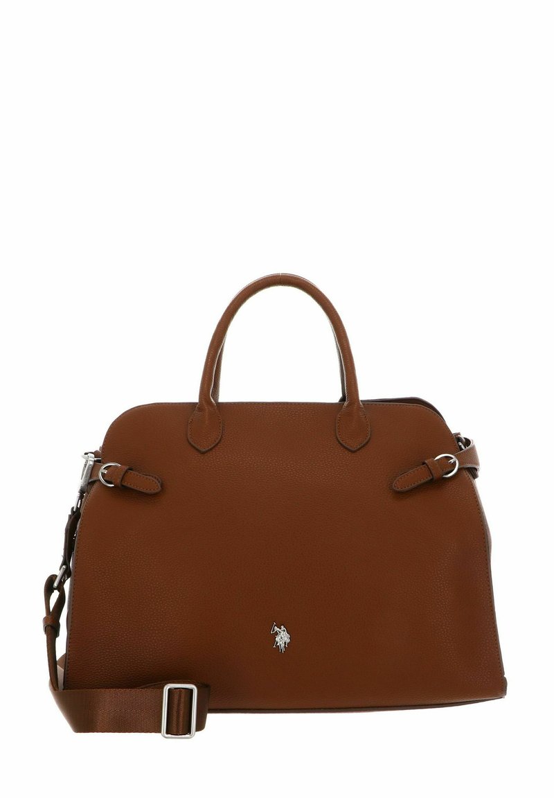 Sac à main en cuir marron avec une surface texturée, deux poignées, une bandoulière amovible, des garnitures en argent et un petit logo sur le devant.