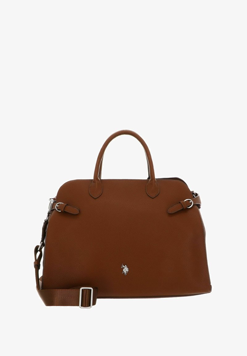 Sac à main en cuir marron avec une surface texturée, deux poignées, une bandoulière amovible, des garnitures en argent et un petit logo sur le devant.