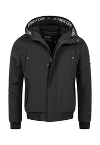 Zwarte zip-up jasje met capuchon, gemaakt van een gestructureerde stof, met zijzakken, elastische manchetten en een merkinterieur.