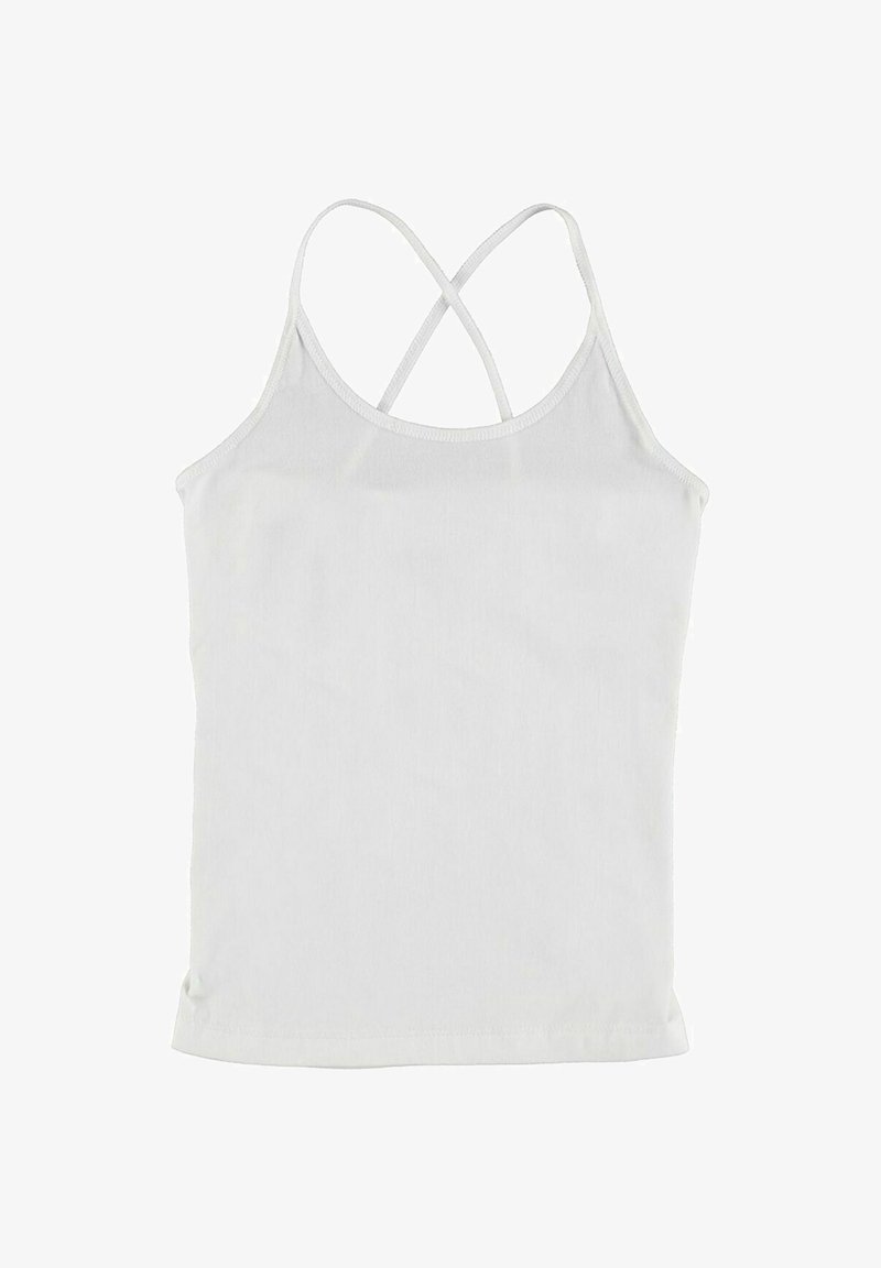 Camiseta sin mangas de algodón blanca con escote redondo y tirantes entrecruzados en la parte posterior. Presenta un diseño ajustado y una textura suave. Sin patrones visibles.