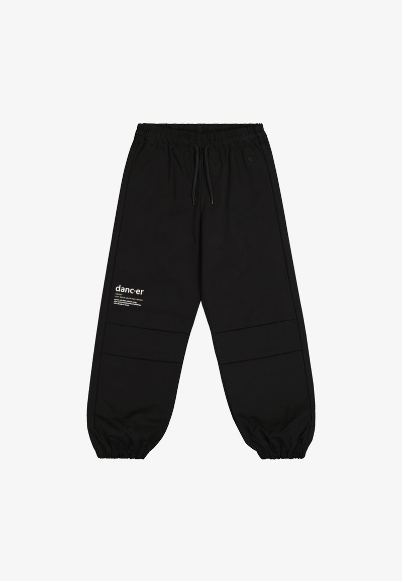 Czarne dresy wykonane z miękkiego materiału, z elastycznym pasem, sznurkiem do regulacji i subtelnym białym logo na lewej udzie.