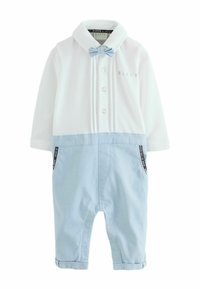 Tutina per neonati bianca e azzurro chiaro con scollo a collo, chiusura con bottoni, dettaglio con papillon e tasche laterali, realizzata in tessuto misto cotone.